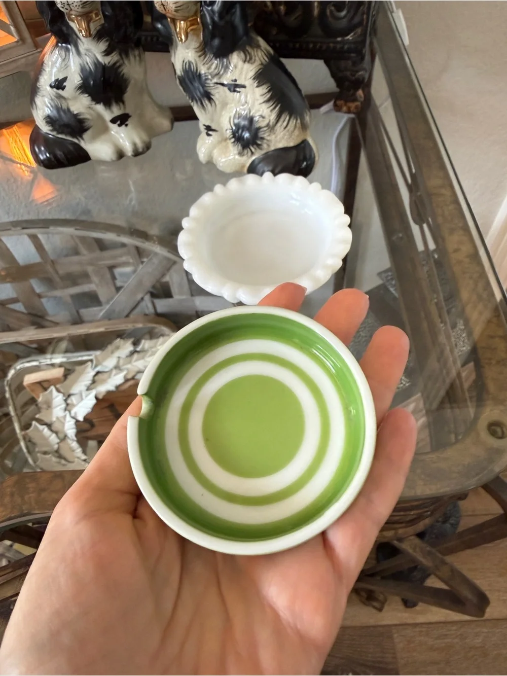 Vintage Milk Glass Dish & Green Striped Ceramic Ashtray – Trinket Dish
